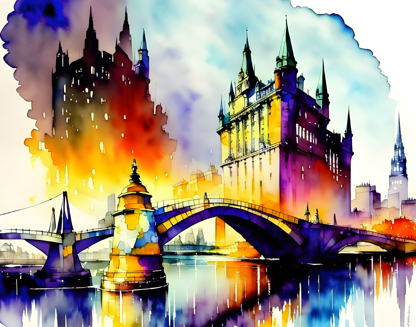 Vivid Watercolor Cityscape with Castle and Bridge