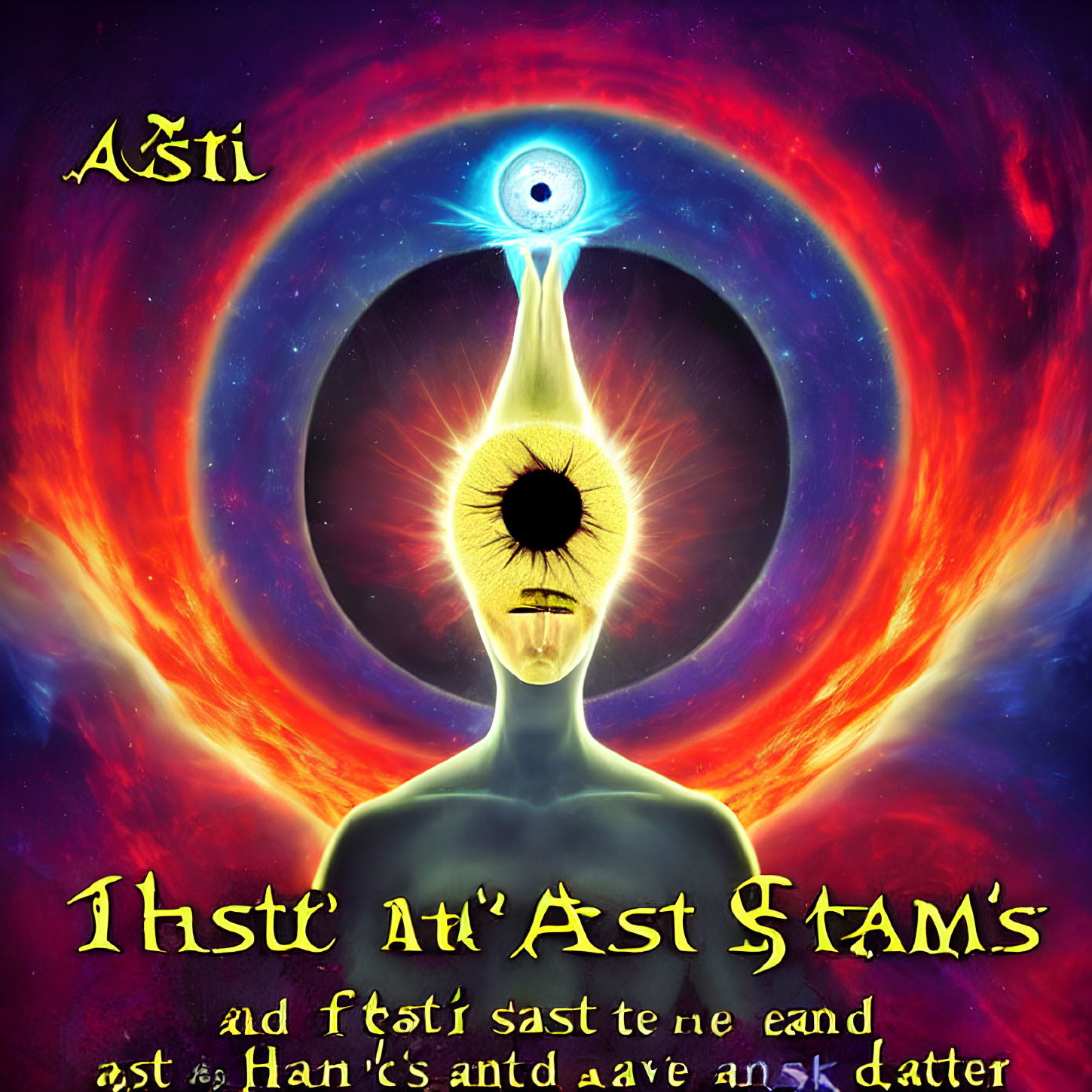 Colorful cosmic graphic with central eye and alien script.
