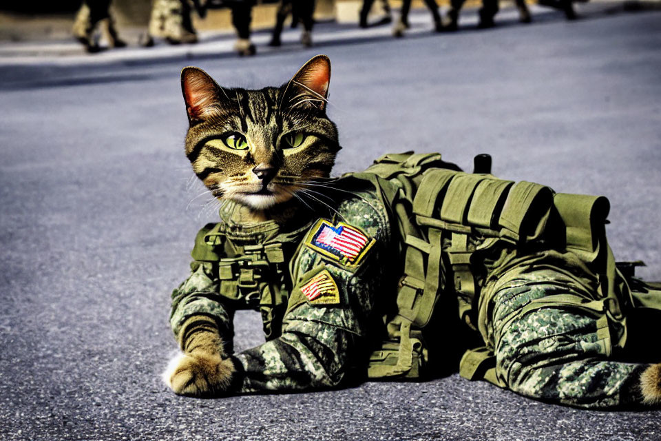 Camouflage cat mimics soldier pose with people's legs in background