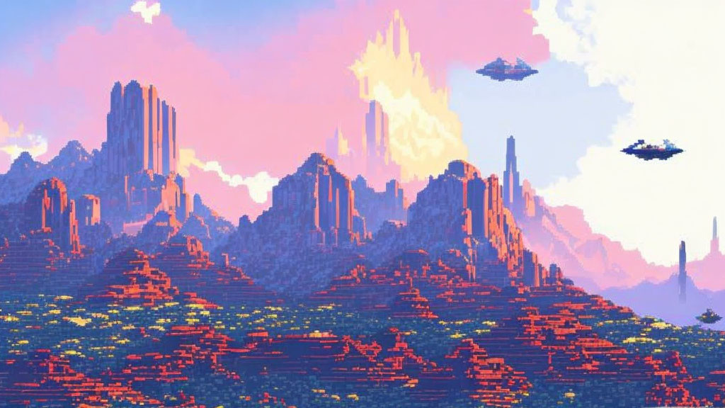 Colorful pixel art landscape featuring towering mountains, vibrant sunset, and floating islands