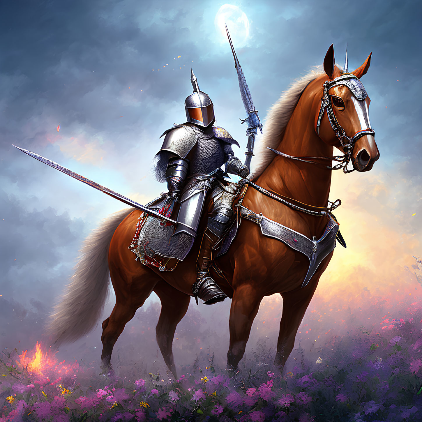 Knight in shining armor on chestnut horse wields sword in dramatic field.