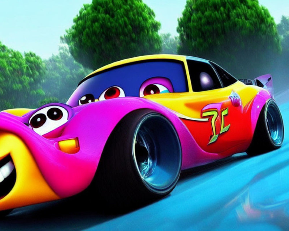 Colorful animated car with eyes and smiling bumper on a track