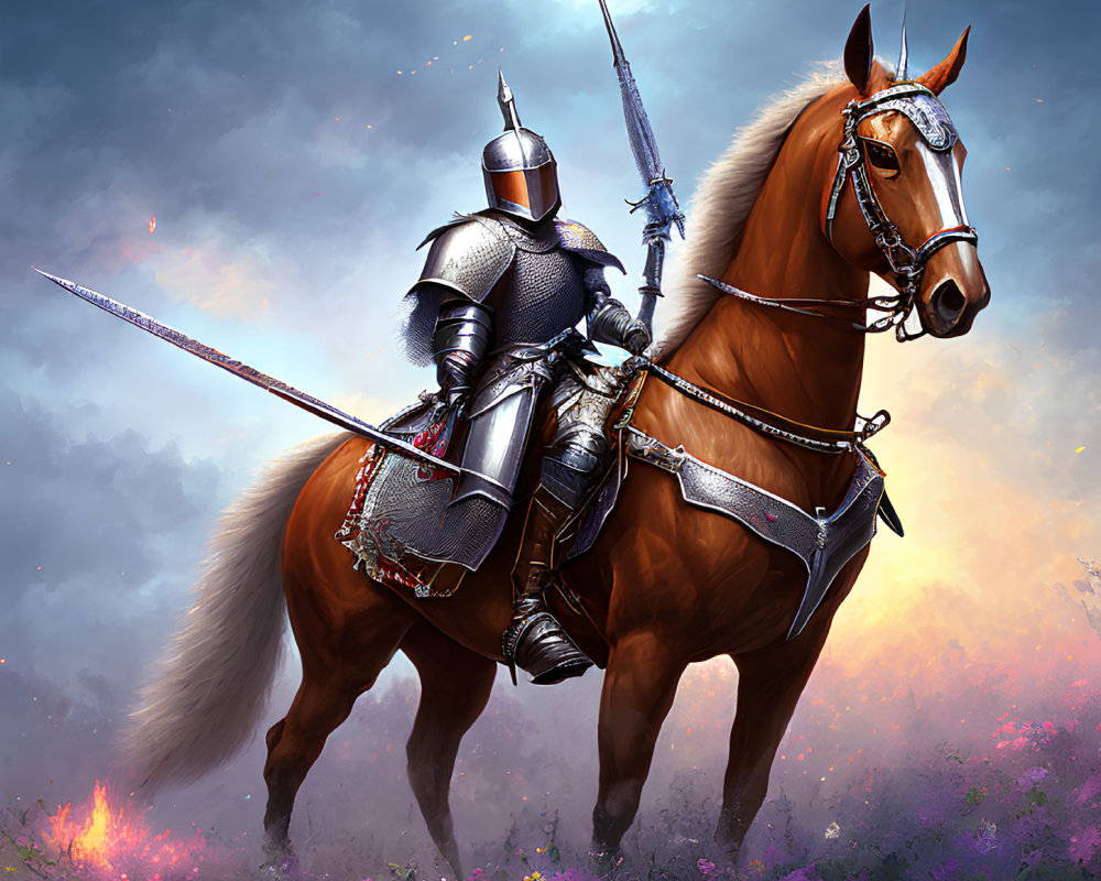 Knight in shining armor on chestnut horse wields sword in dramatic field.