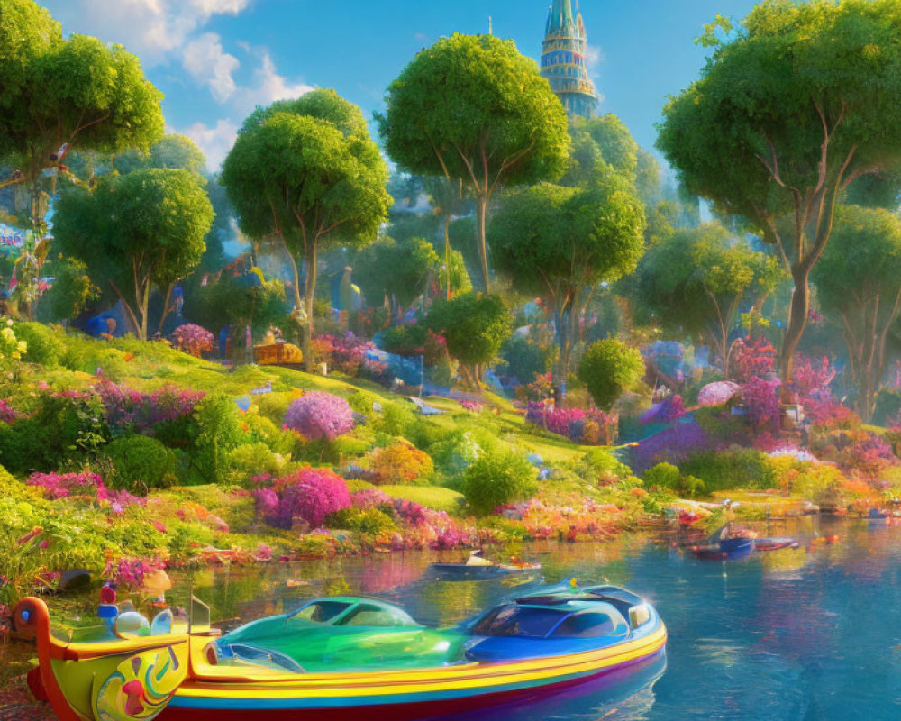 Vibrant fantasy river scene with whimsical boats and majestic tower