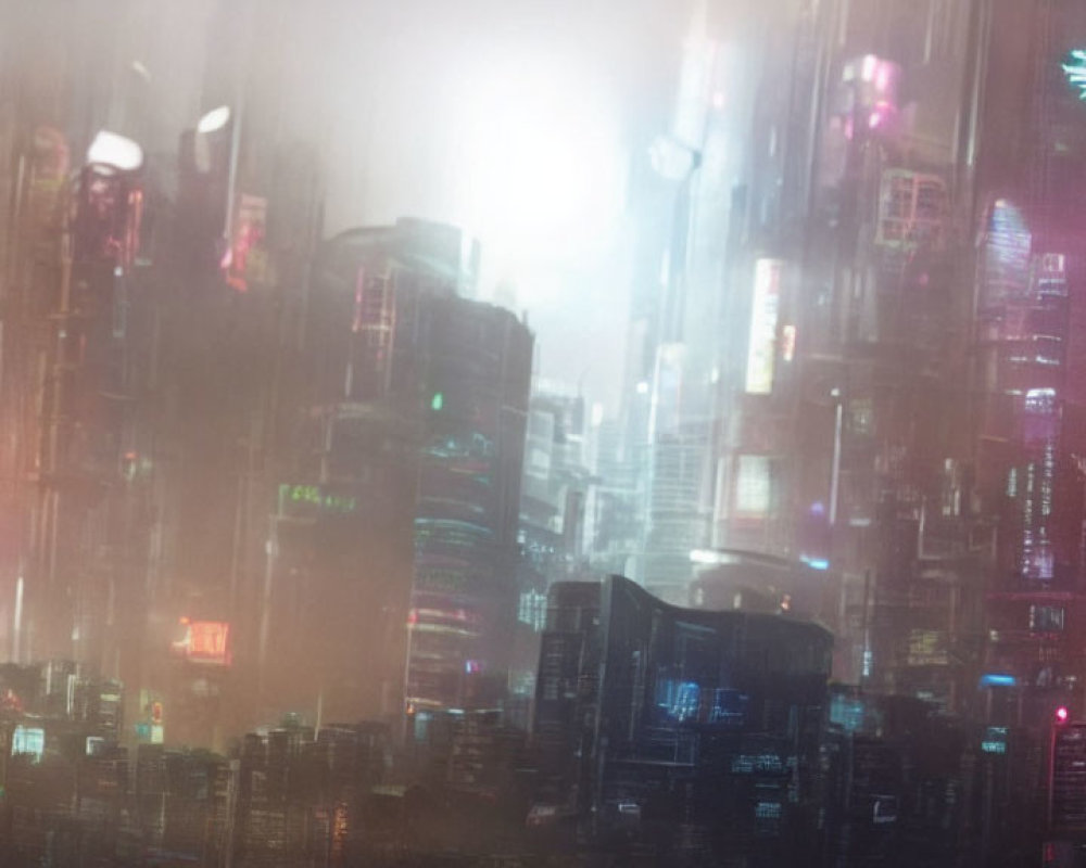 Futuristic cityscape with mist, neon signs, and skyscrapers at night