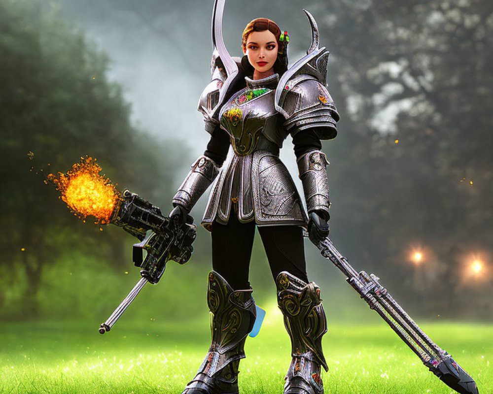 Fantasy woman in silver armor wields sword and flaming gun in misty forest.