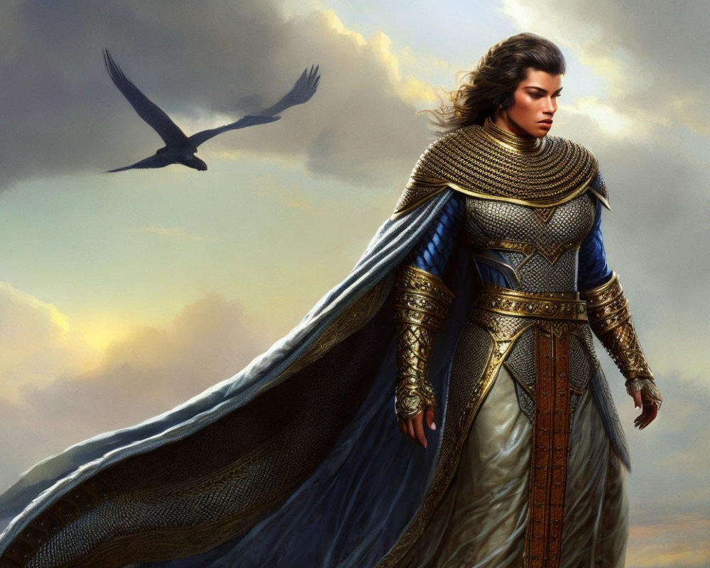 Regal warrior in ornate armor under dramatic sky with flowing cape and soaring bird