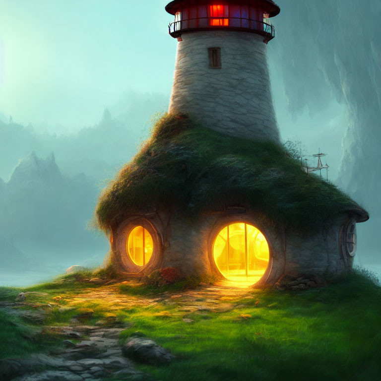 Moss-covered stone lighthouse in misty dusk landscape