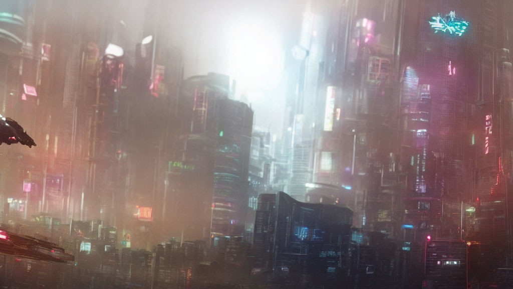 Futuristic cityscape with mist, neon signs, and skyscrapers at night