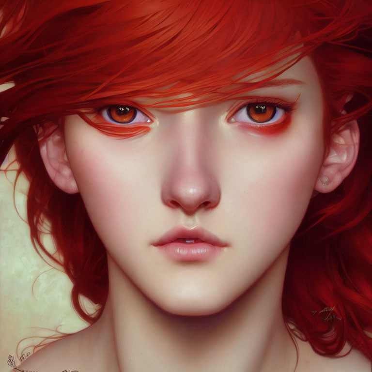 Vibrant red hair and orange eyes digital portrait with detailed skin texture