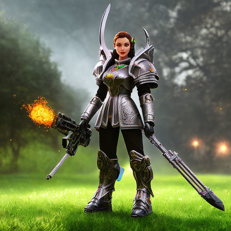 Fantasy woman in silver armor wields sword and flaming gun in misty forest.