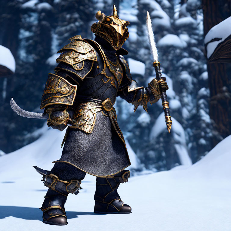 Armored knight with gold details holding sword in snowy forest.