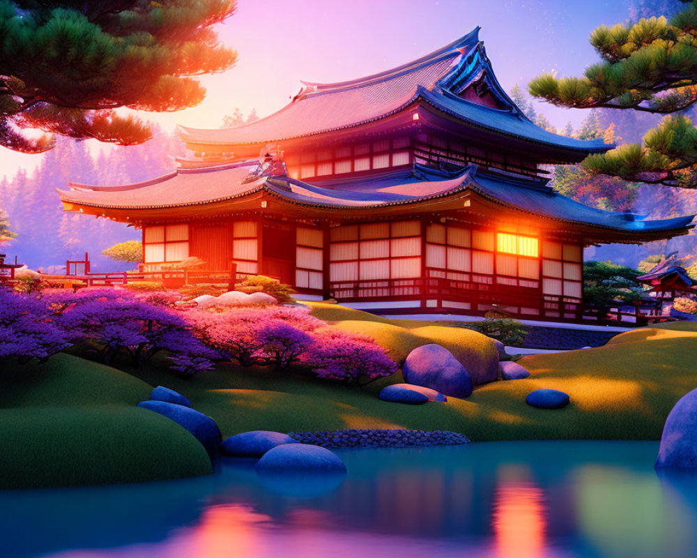 Curved roof Japanese architecture in serene garden at dusk