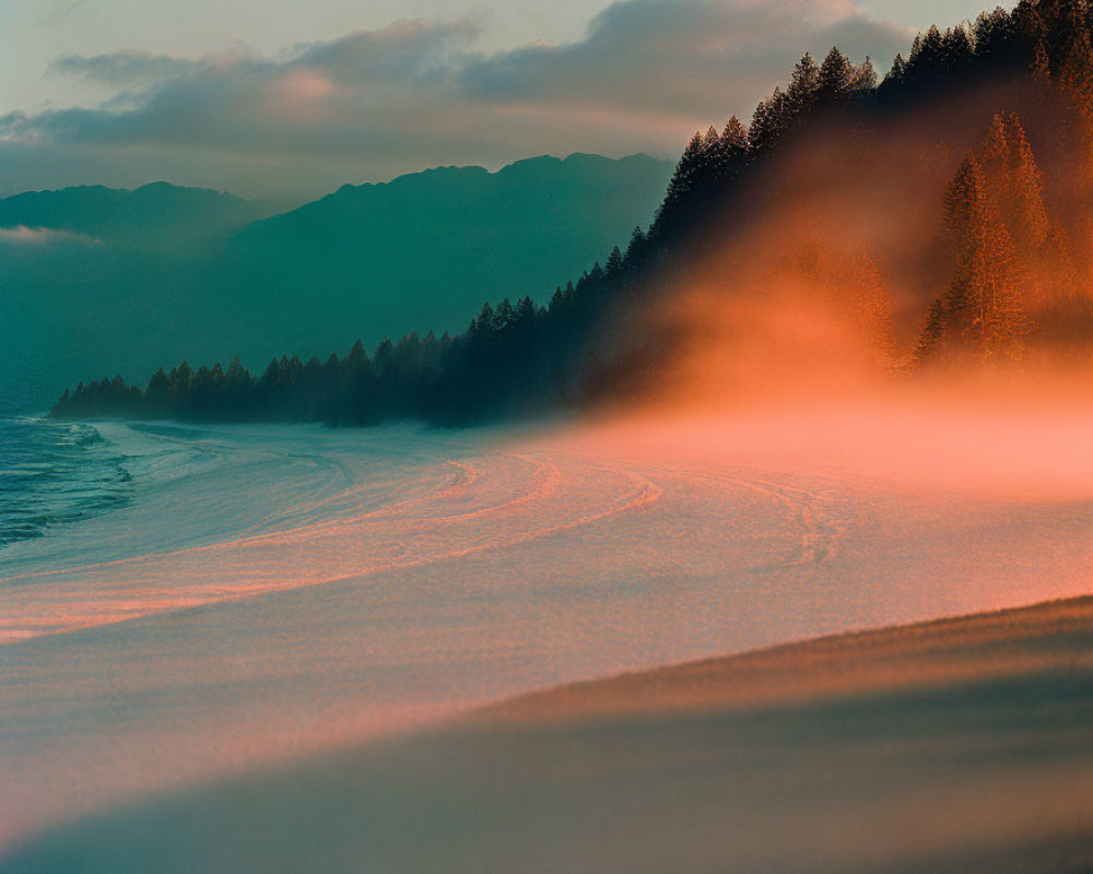 Orange-Tinted Snowy Landscape with Mist and Mountains at Dusk