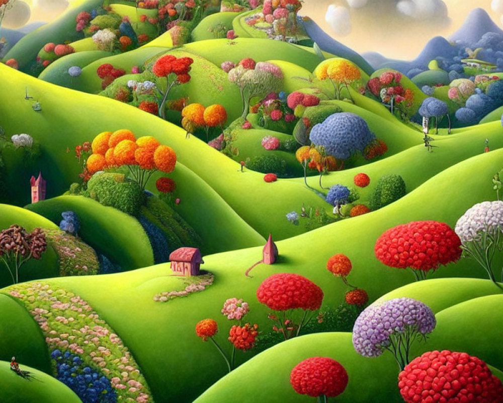 Colorful landscape with green hills, stylized trees, and miniature houses under dreamy sky