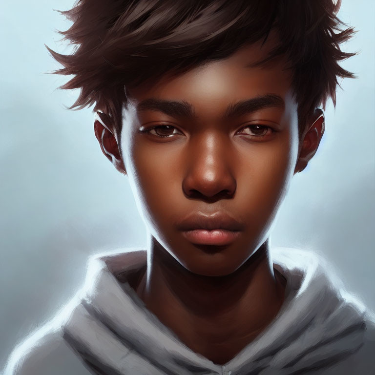 Detailed digital portrait of a young male with expressive eyes, tousled hair, hoodie, soft lighting,