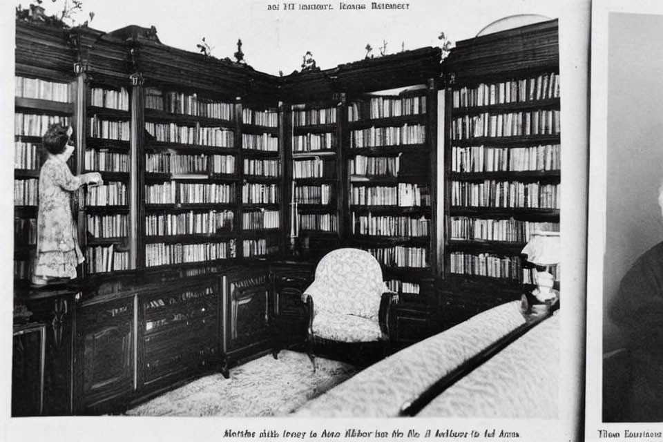 Vintage-dressed woman in elegant library with towering bookcases and cozy armchair