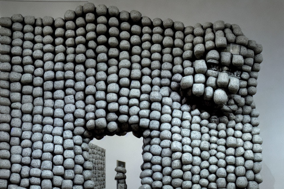 Textured Human Face Sculpture with Spherical Stones and Eye Archway