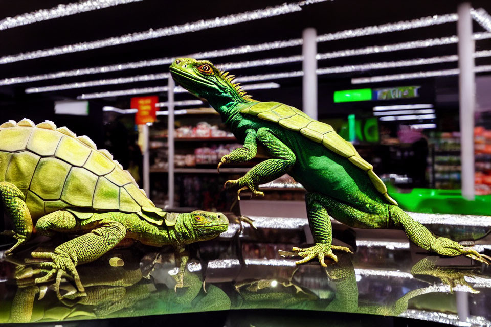 Two green lizard figurines on reflective surface with grocery shelves in background