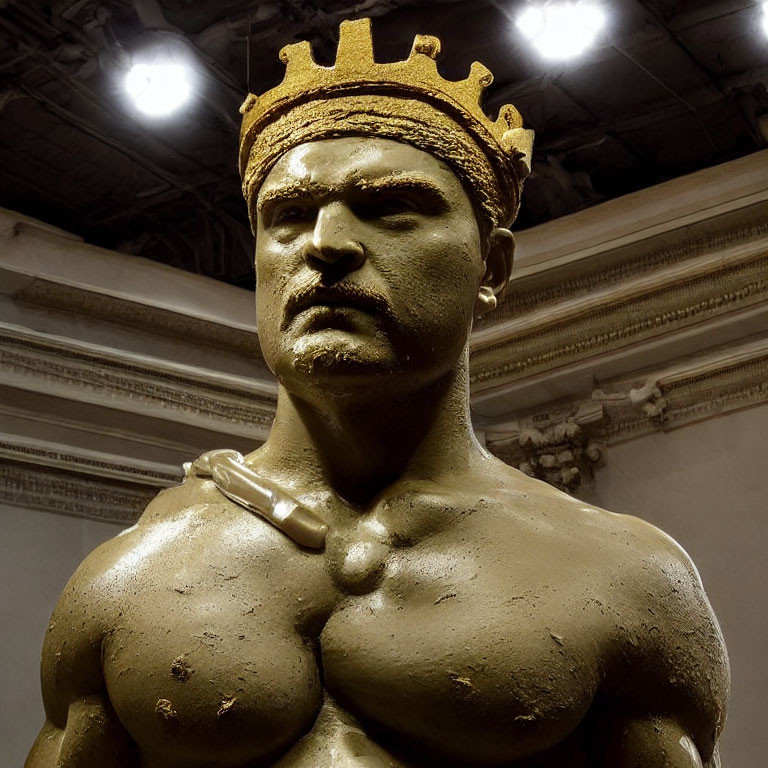 Muscular Man Bronze Statue with Crown and Decorative Background