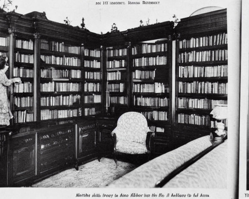 Vintage-dressed woman in elegant library with towering bookcases and cozy armchair