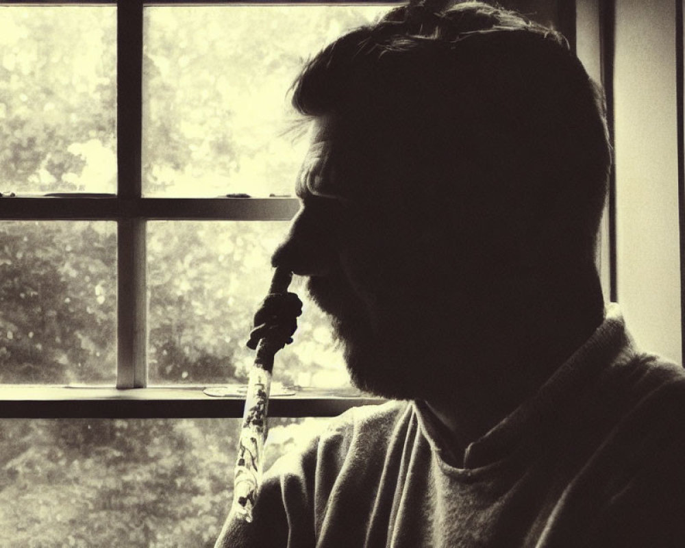 Sepia-toned silhouette of bearded man gazing out window with foliage, holding object.