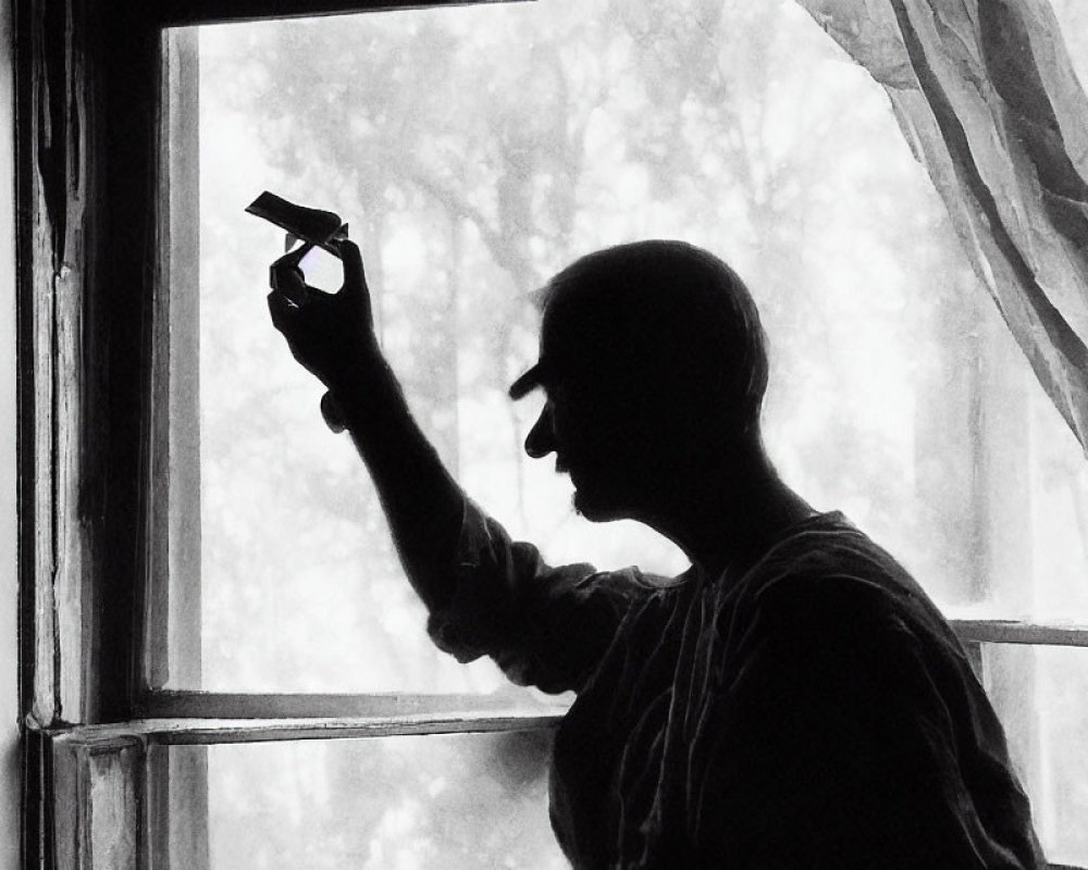 Silhouetted person holding small object by window with billowing curtains