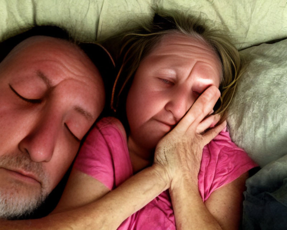 Two individuals lying in bed with eyes closed, one displaying distress or fatigue.