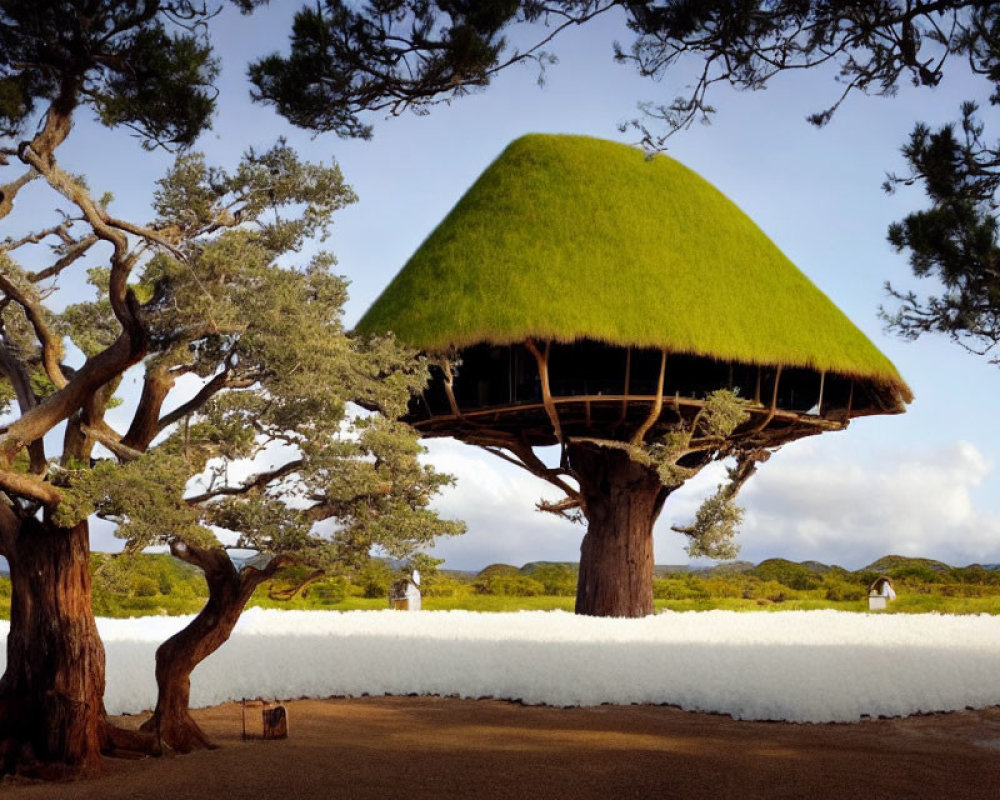 Thatched-Roof Treehouse Between Old Trees and White Fence