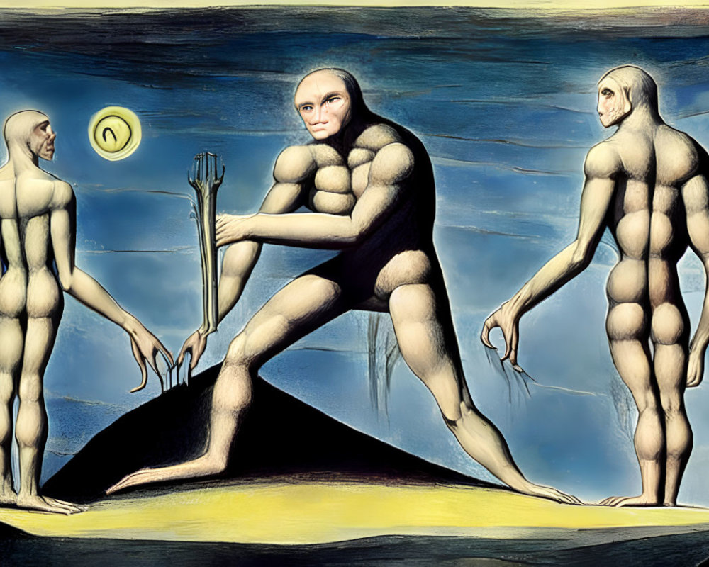 Abstract surreal artwork: Three muscular figures in a unique landscape