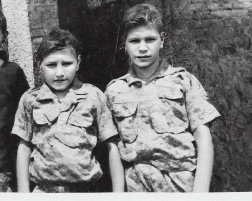 Monochrome image: Three children by masonry wall