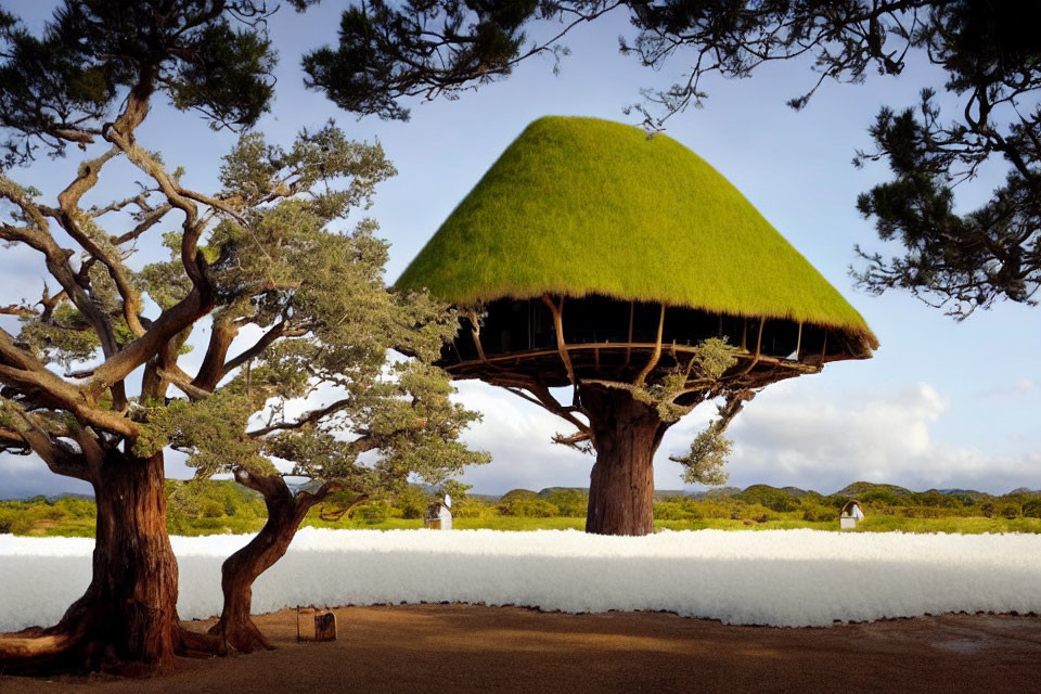 Thatched-Roof Treehouse Between Old Trees and White Fence