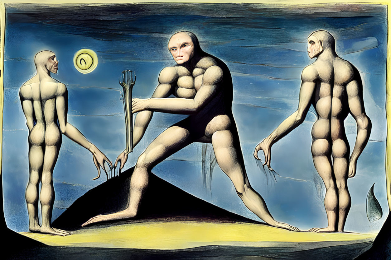 Abstract surreal artwork: Three muscular figures in a unique landscape