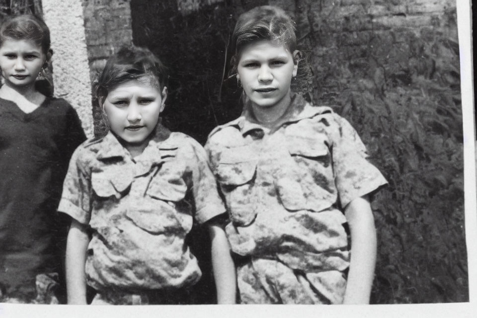 Monochrome image: Three children by masonry wall