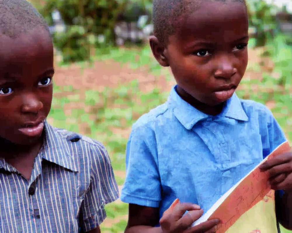 Curious children holding illustrations outdoors