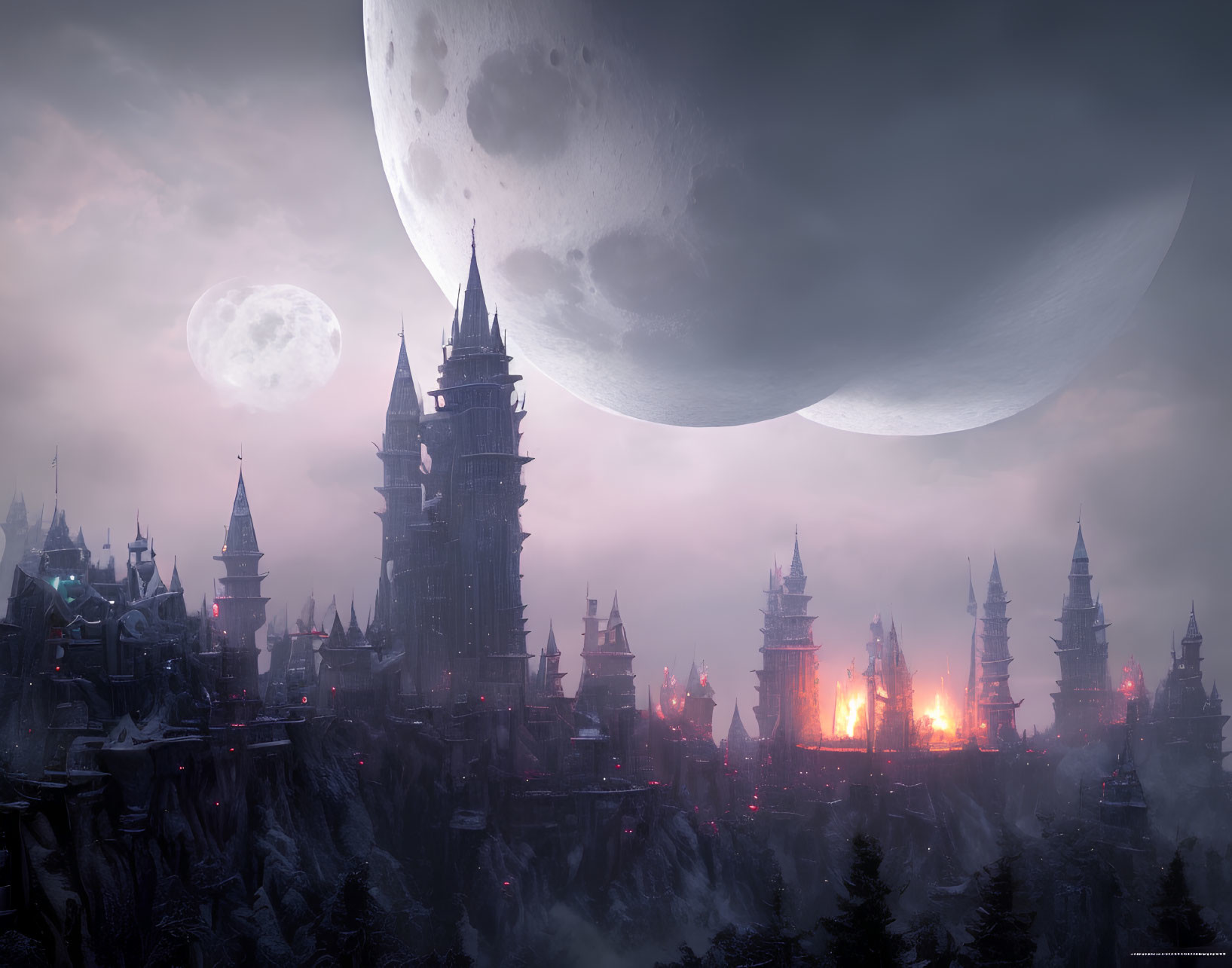 Fantasy night landscape with large moon and dark castle.