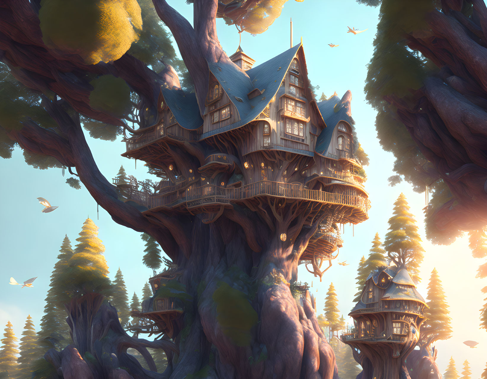 Serene forest treehouse with multiple levels and birds in sunlight