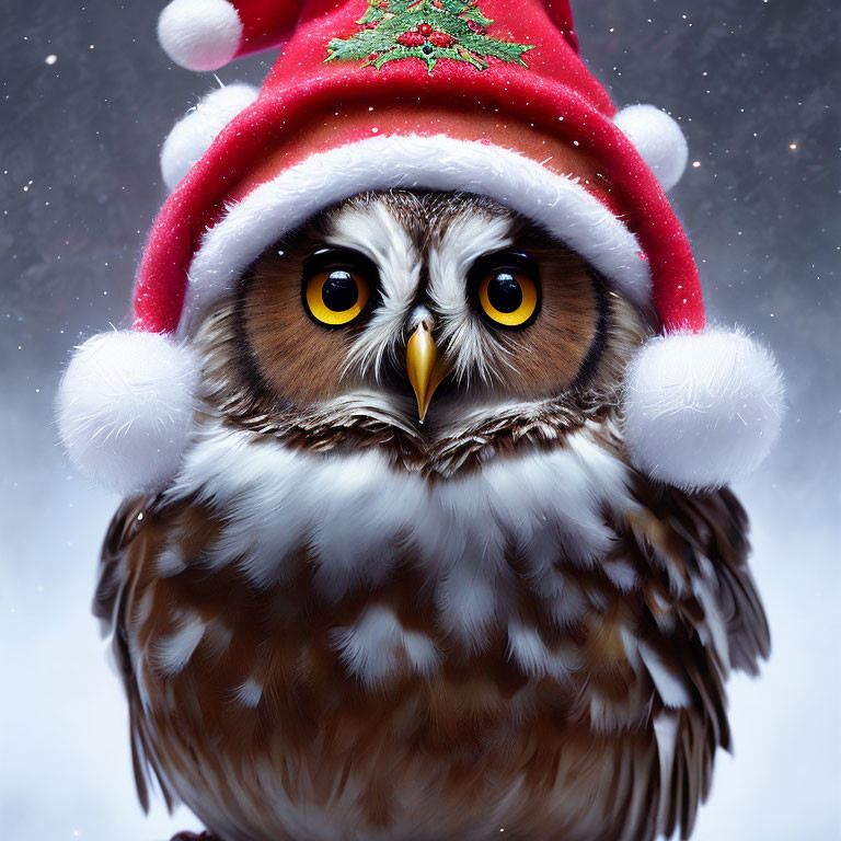 Yellow-eyed owl wearing red Santa hat with holly for a festive portrait