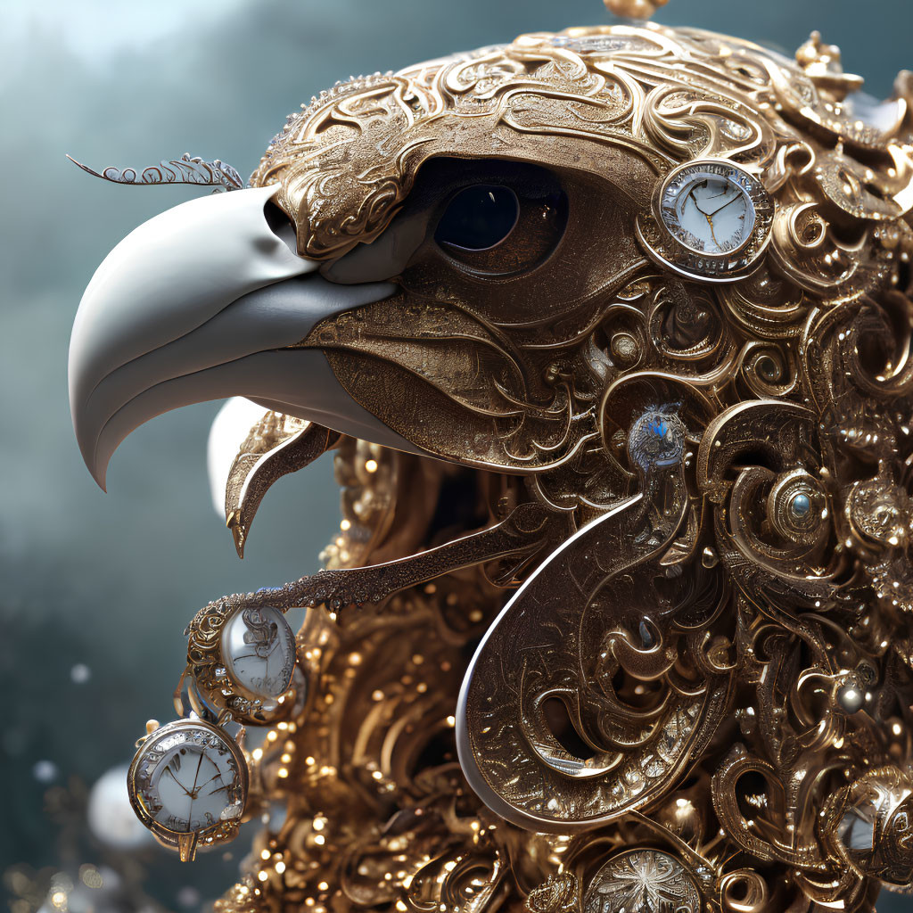 Intricate Golden Mechanical Eagle Head with Clocks and Gears