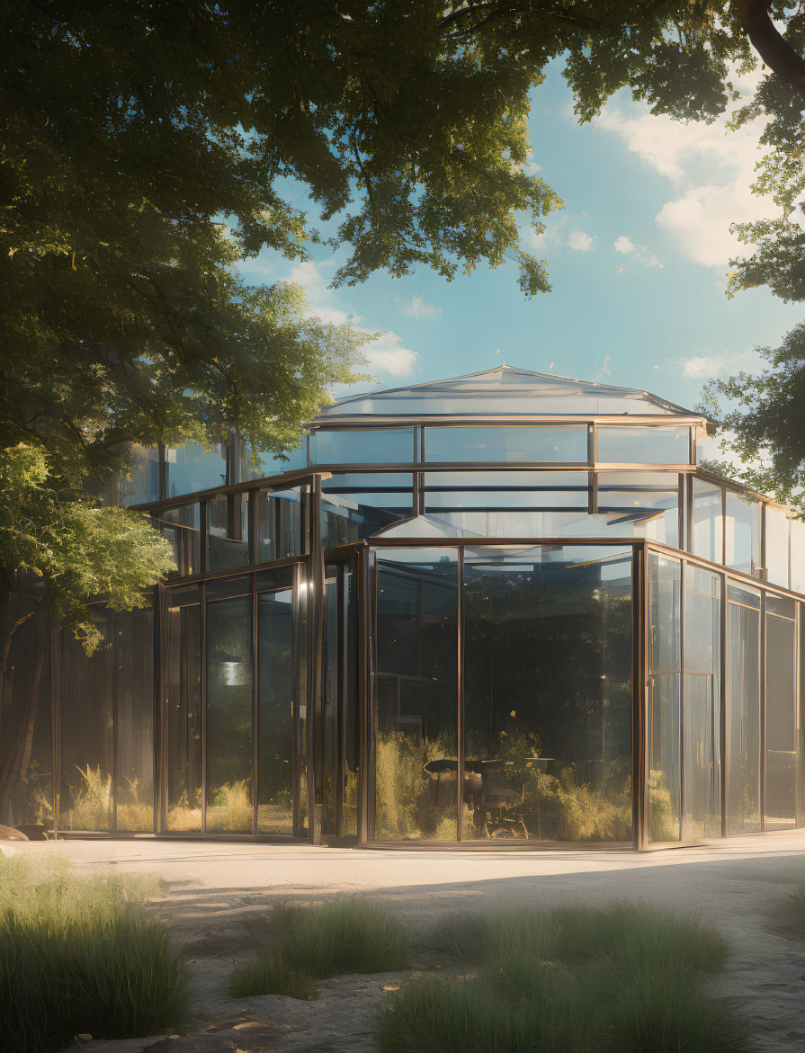 Glass building surrounded by trees and sunlight filtering through leaves