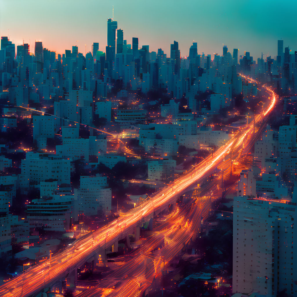 Twilight cityscape with illuminated highway and dense buildings