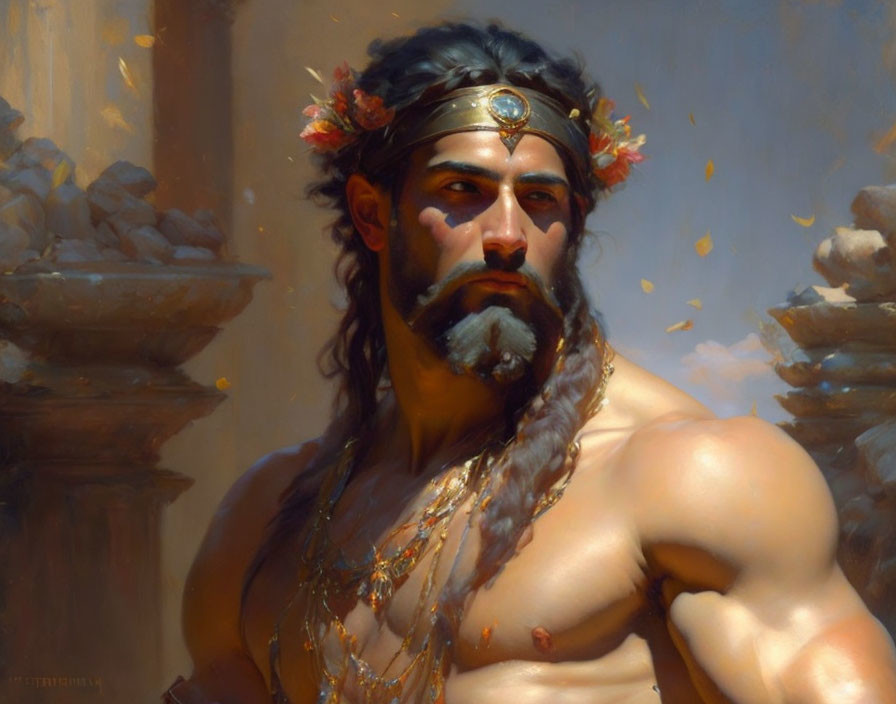 Muscular man with headband and flower crown in classical painting style