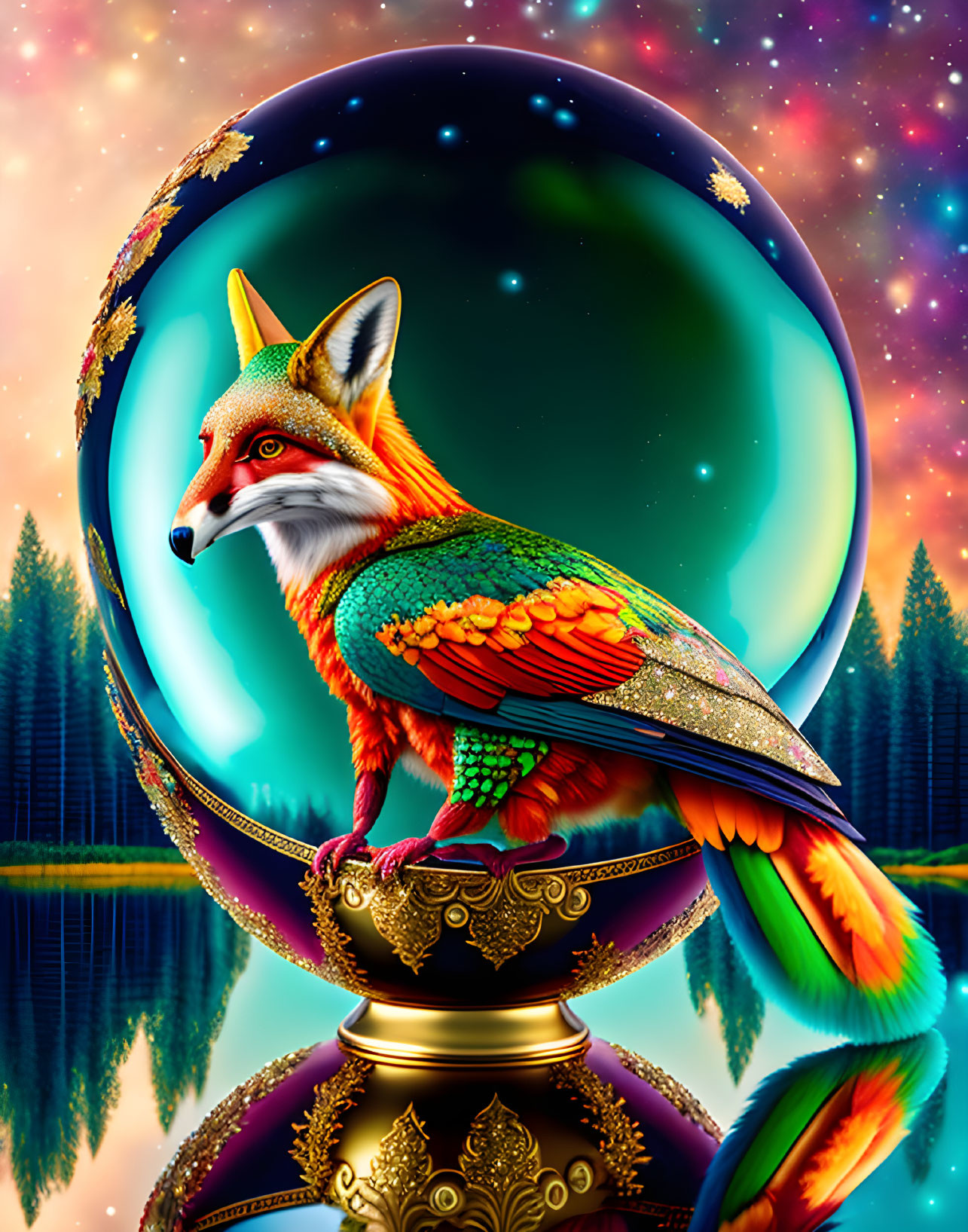 Colorful Fox with Feather Patterns Encased in Sphere on Cosmic Background