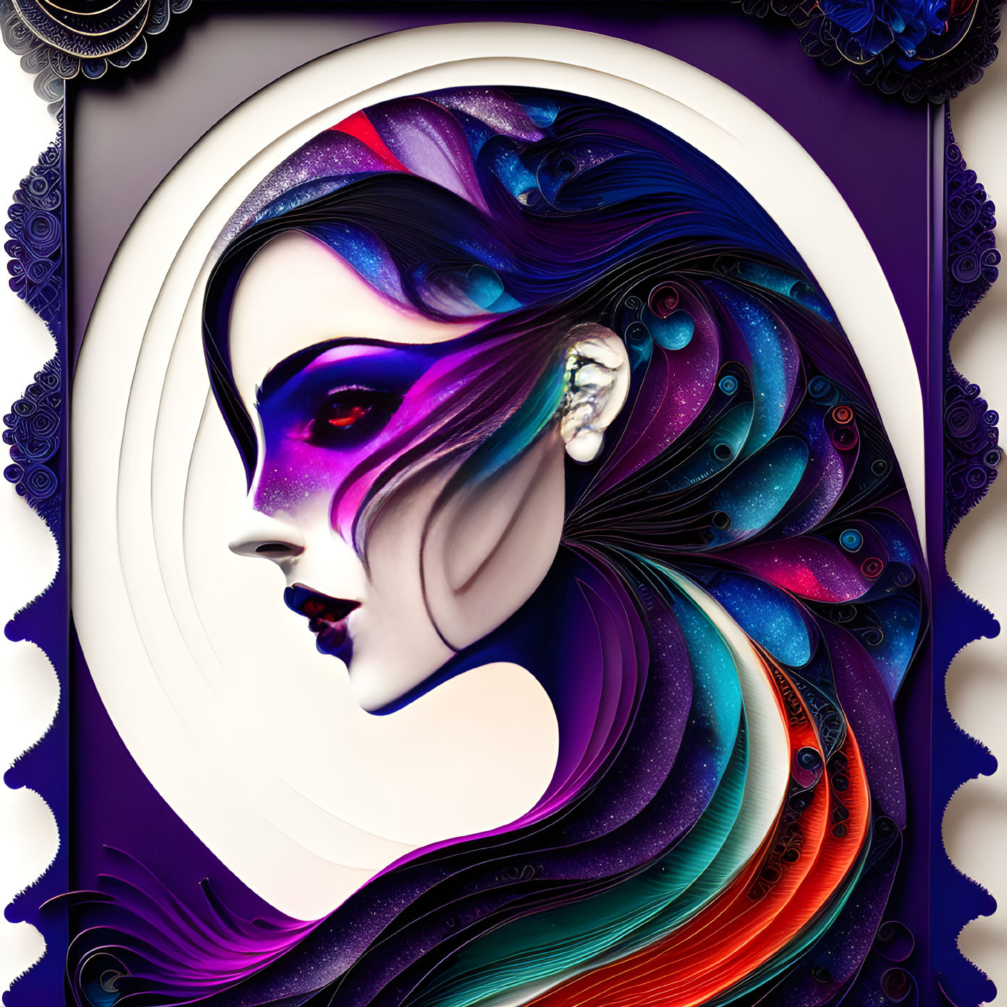 Colorful digital artwork of female profile with cosmic hair on ornate purple background