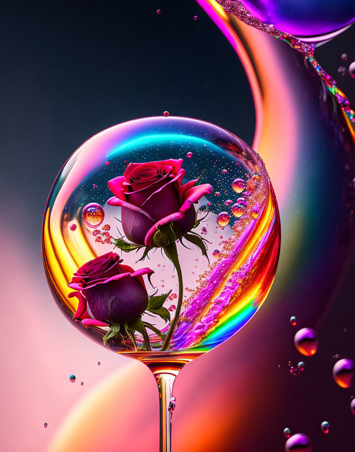 Glass orb with red and purple roses in colorful droplets on dark background