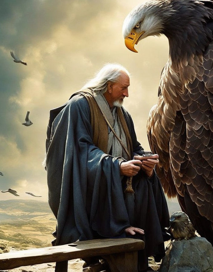 Elderly wizard with staff and bird gazes at giant eagle under cloudy skies