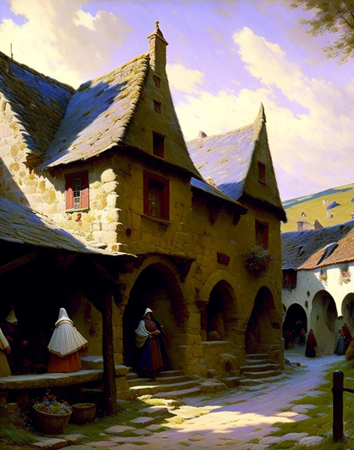 Medieval stone buildings with thatched roofs and period attire on a sunny day.