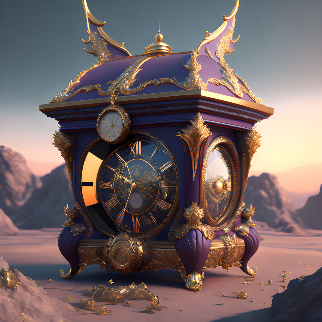 Golden Fantasy Clock in Desert Sunrise with Roman Numerals