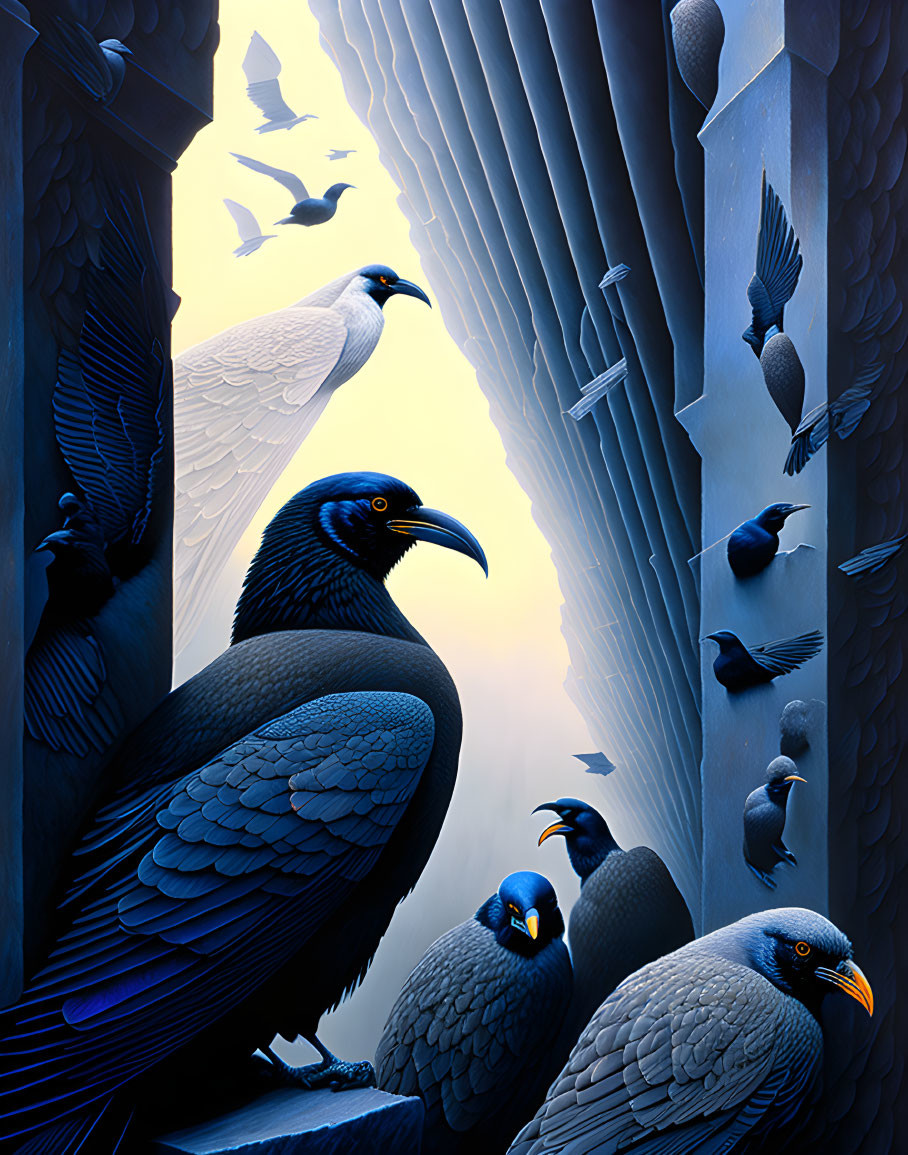 Illustration of ravens, pigeons, and cross in dramatic lighting