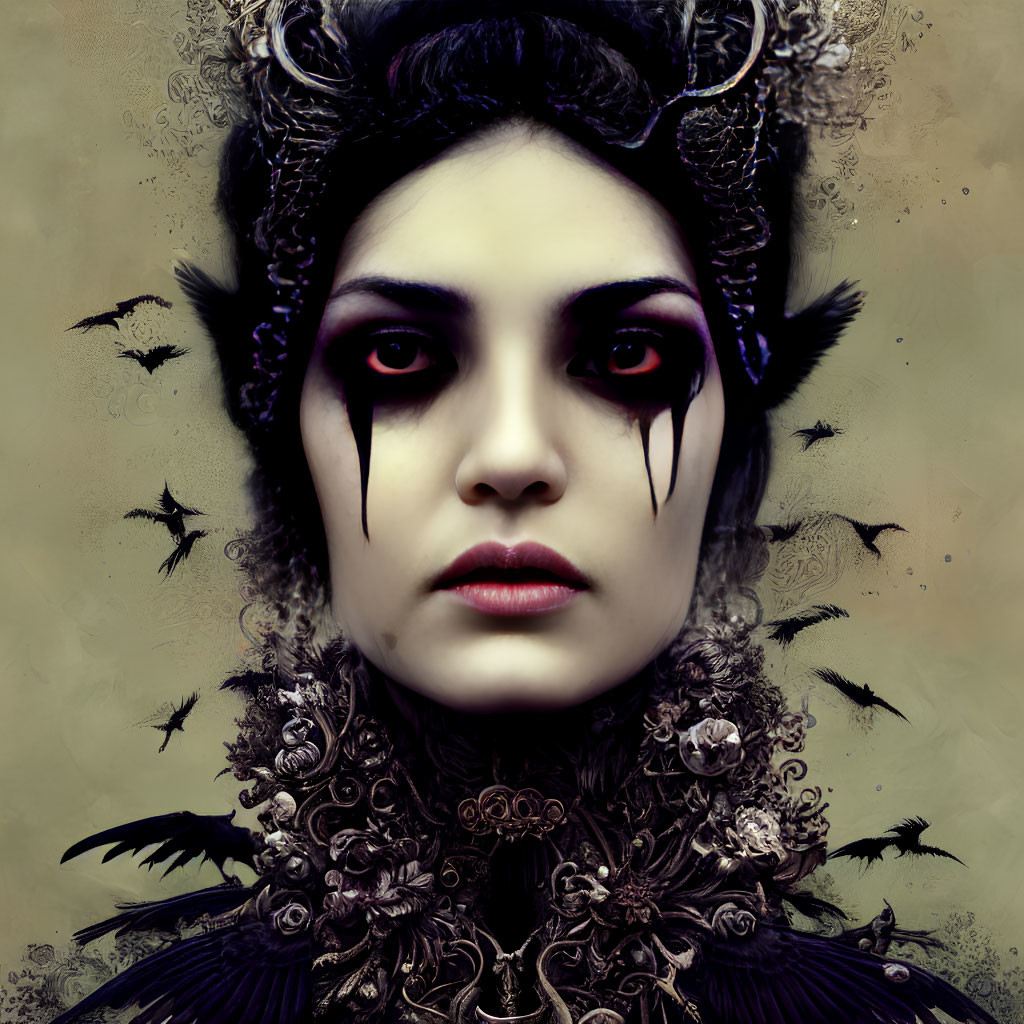 Gothic fantasy portrait of a woman with dark makeup and antler-like horns against a moody